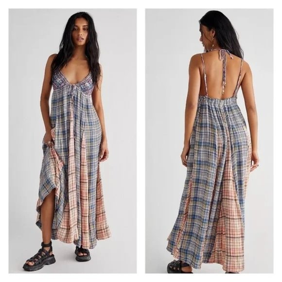 Free People Dresses & Skirts - Free People Plaid June Bug Maxi Dress Multicolor Pockets Strappy XL